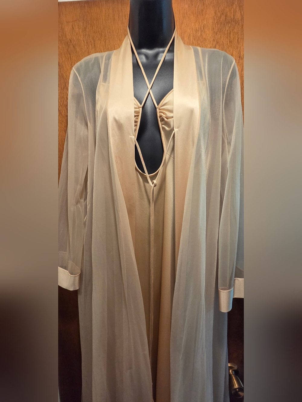 Vintage 70's JC Penny Elegant Cream Slip Chemise Dress & Sheer Robe SzM - Picture 2 of 16